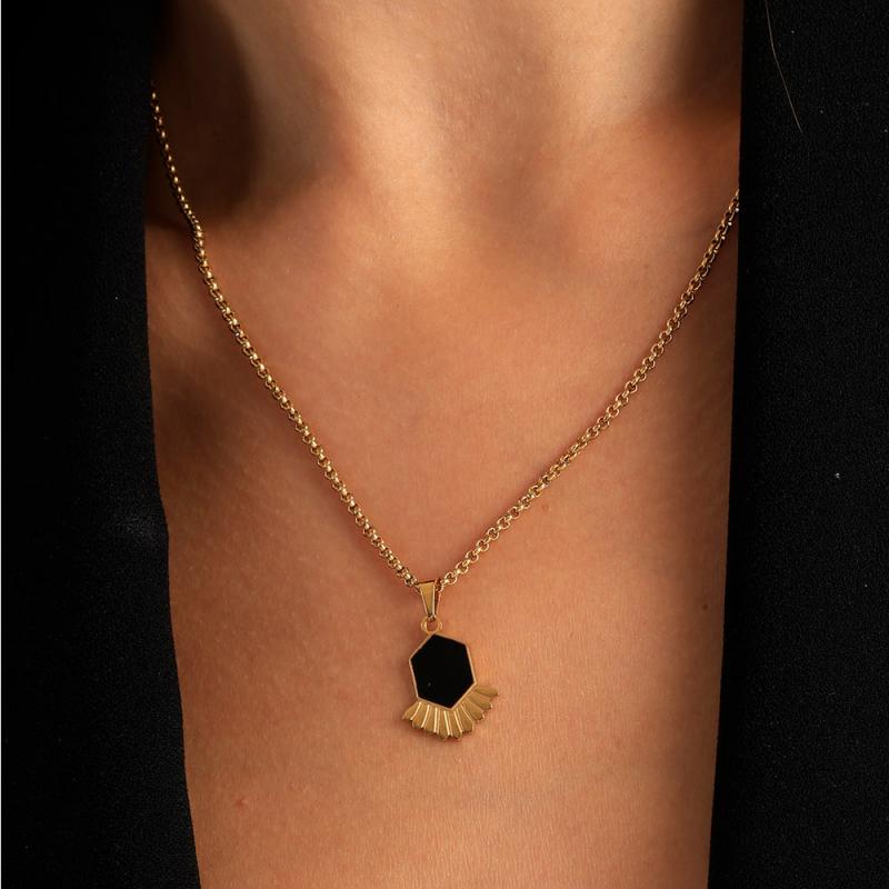 Black Onyx Honeycomb Bee Pendant Necklaces