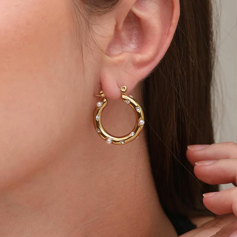 Diamond Pearl Studded Hoop Earrings Earrings