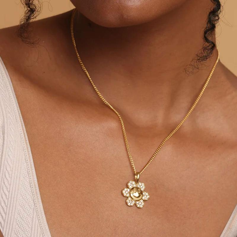 Gold Sunflower Charms Cubic Zirconia Smile Face Pendant Necklaces